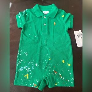 NWT! Ralph Lauren - Boys' Green Cotton Paint Splatter Polo Romper Sz: 9 Months